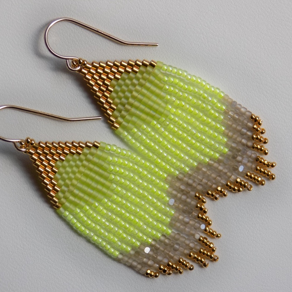 Sage’s Aura | Neon Lemon Lime + Taupe | Handmade Beaded Earrings NWOT